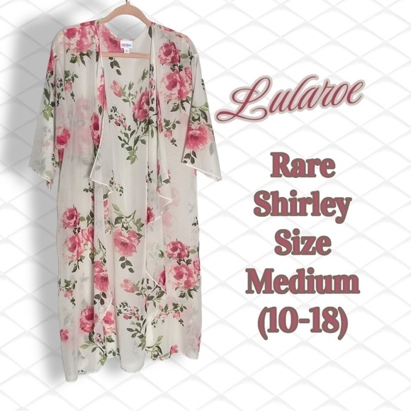𝅺lularoe Rare off White Coral Pink Roses  Kimono Fits Sizes 10-18 (Med)Cover Up - Picture 1 of 9
